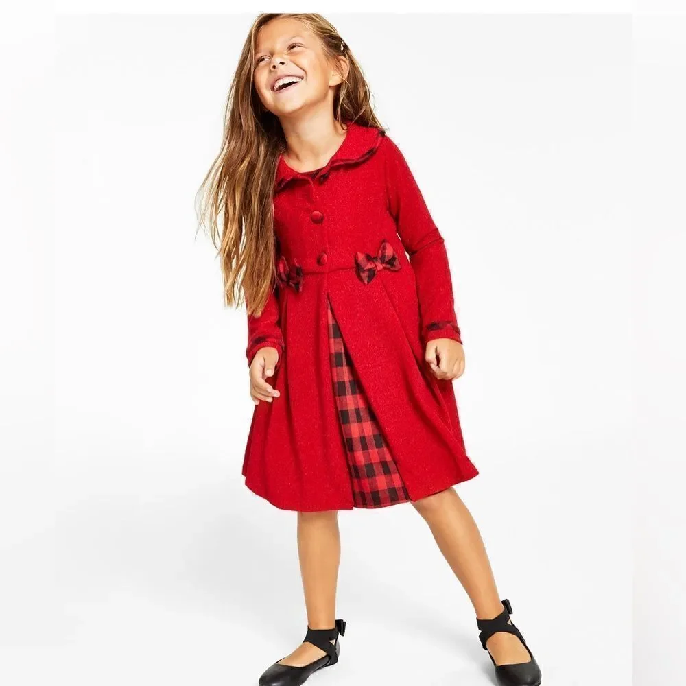 Toddler Girls Knit Coat with‎ Buffalo Check Dress Set